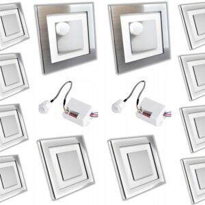 Zestaw 10x Lampka schodowa LED 230+ 2 czujka ruchu SREBRNA ZIMNA LUB CIEPŁA