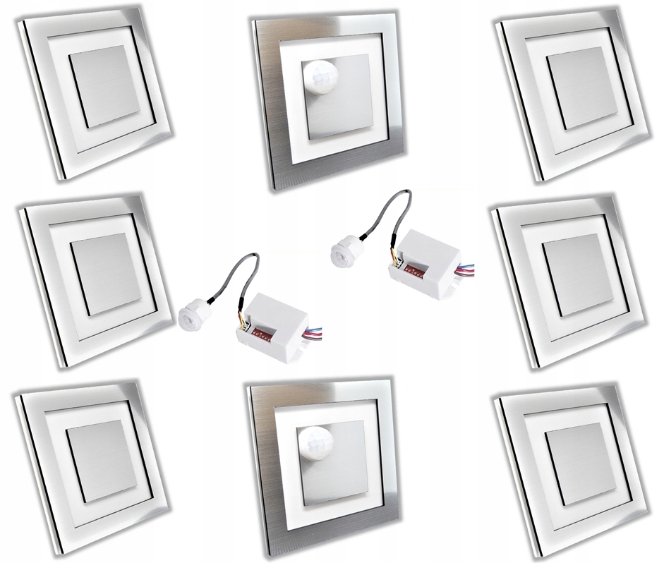 Zestaw 6x Lampka schodowa LED 230+ 2 czujka ruchu SREBRNA ZIMNA LUB CIEPŁA